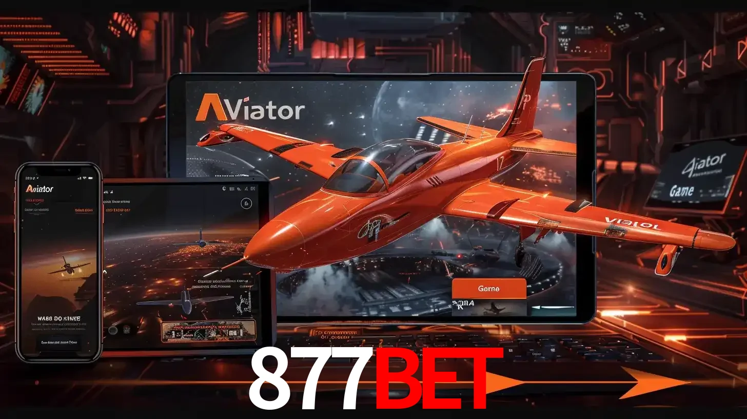 Apresentação tecnológica do jogo Aviator com um avião saindo da tela de um tablet, demonstrando a experiência imersiva em múltiplos dispositivos no 877BET.