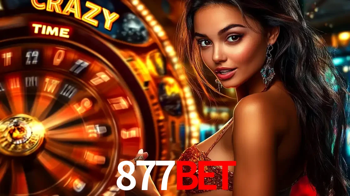 Mulher ao lado da roda de prêmios do jogo de cassino ao vivo Crazy Time, um dos shows de jogos mais emocionantes oferecidos pela plataforma de apostas 877BET.