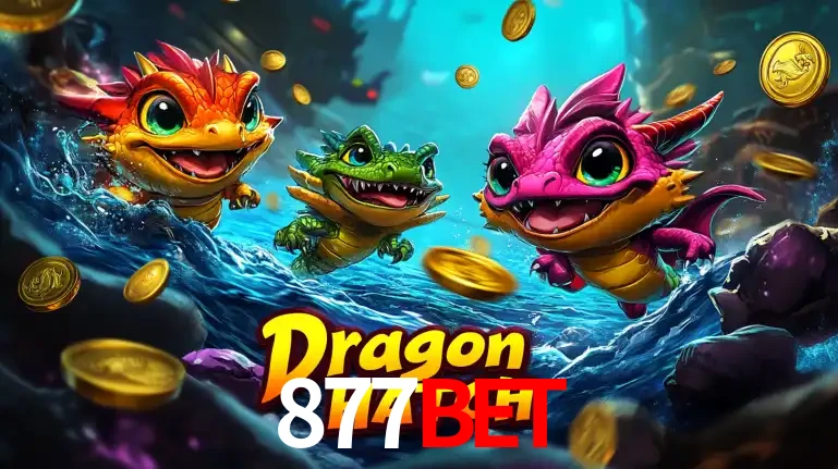 Arte promocional do jogo Dragon Hatch com três adoráveis dragões bebês nadando entre moedas de ouro, um dos slots mais divertidos para jogar no cassino 877BET.