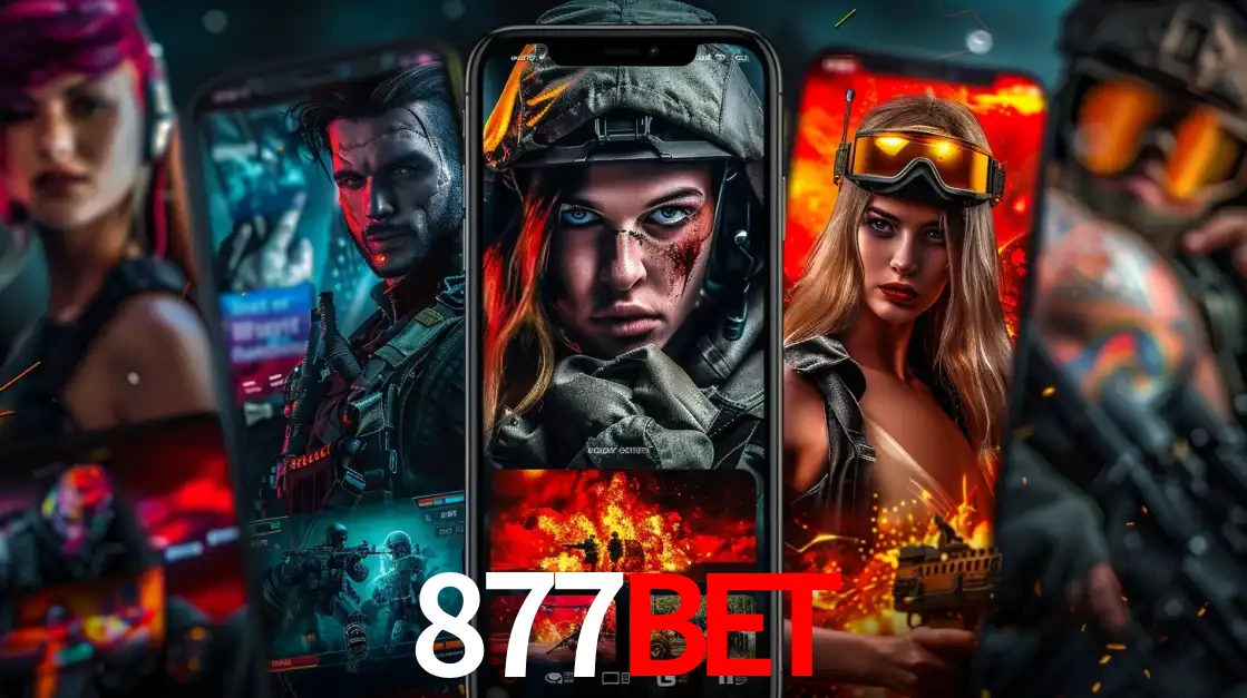 Montagem de telas de celular mostrando diversos personagens, masculinos e femininos, de um jogo de tiro, ilustrando a diversidade de equipes de e-sports para apostar no 877BET.