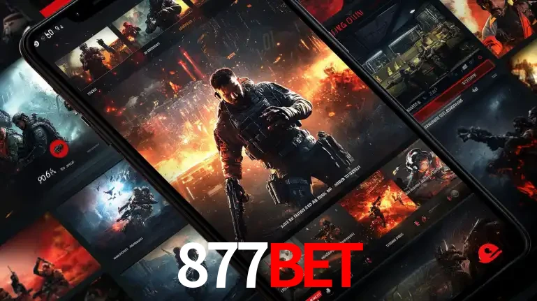 Tela de um celular exibindo uma galeria de jogos de tiro com temática militar, mostrando a variedade de e-sports disponíveis para apostas na plataforma de entretenimento 877BET.