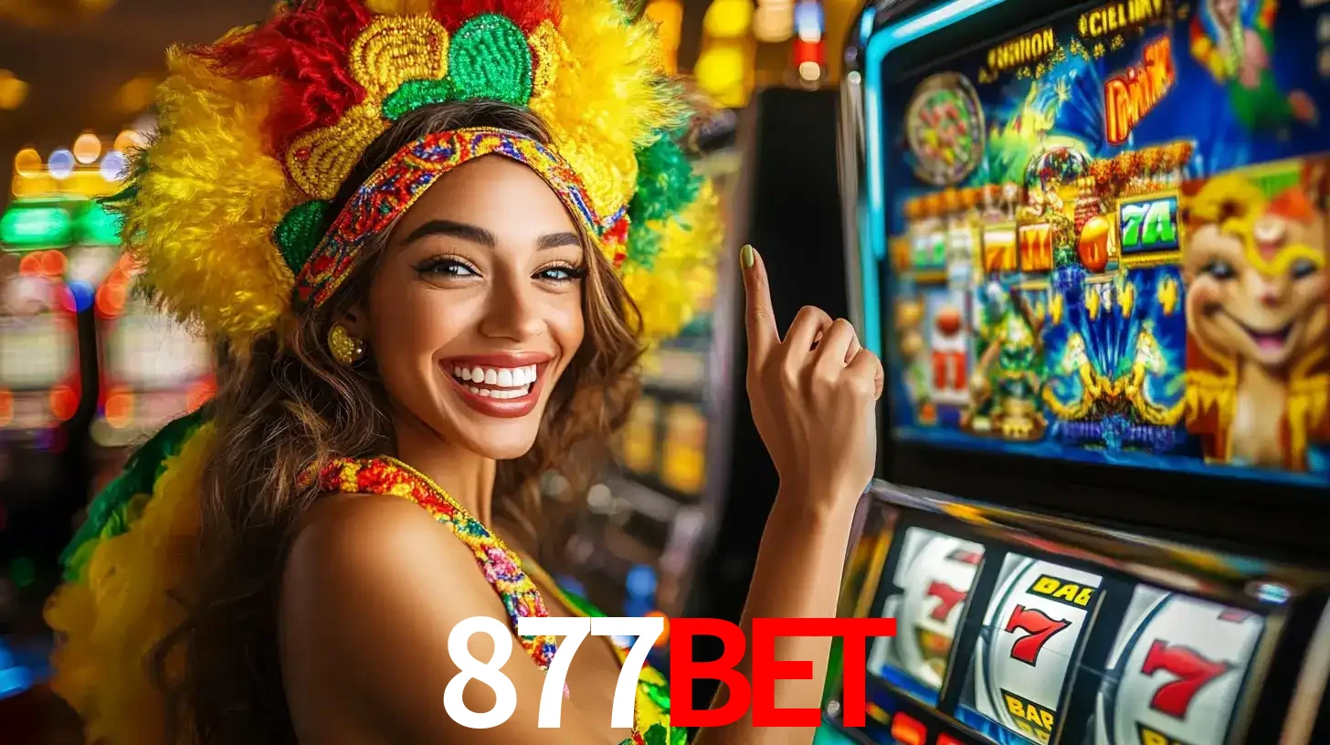 Mulher animada com um cocar de carnaval apontando para uma máquina de caça-níqueis, mostrando a emoção de ganhar um grande prêmio nos jogos do 877BET.