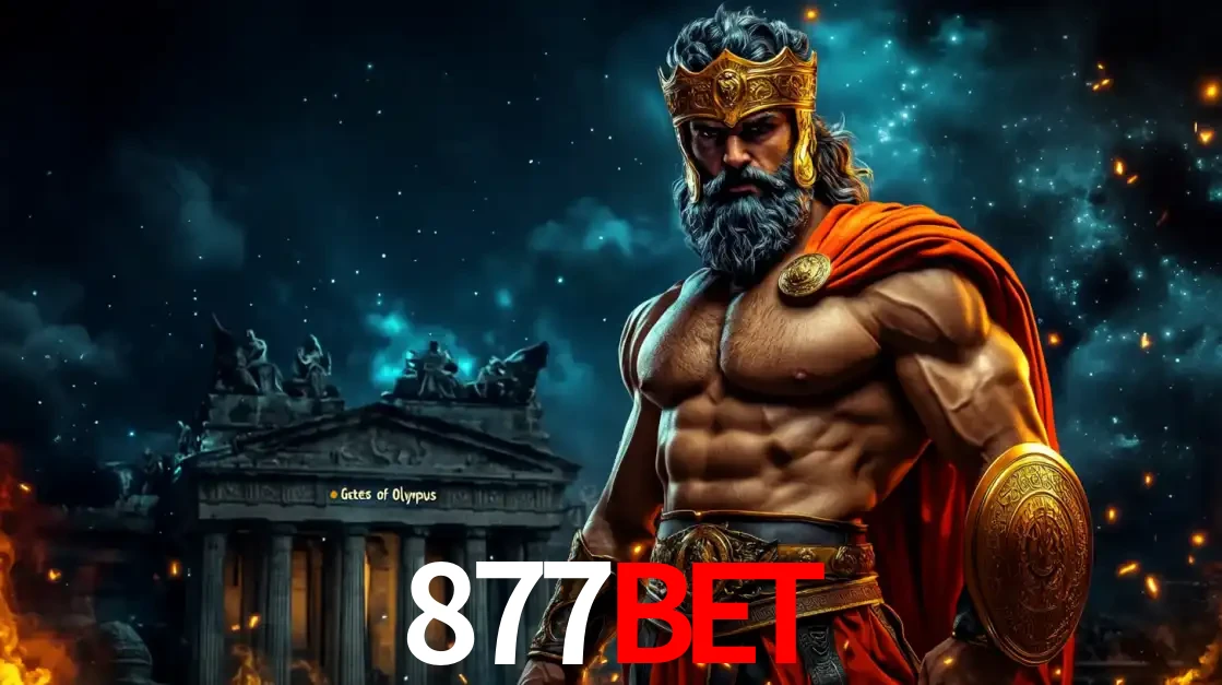 O poderoso Zeus do jogo de slot Gates of Olympus em frente ao seu templo, pronto para lançar multiplicadores divinos e prêmios épicos no cassino online 877BET.