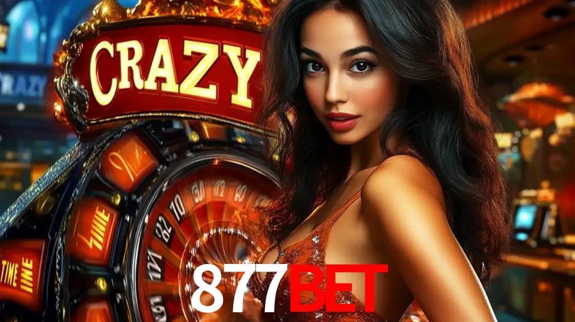 Mulher glamourosa olhando para a câmera com a roda vermelha do Crazy Time ao fundo em um ambiente de cassino, destacando a emoção dos jogos ao vivo no 877BET.