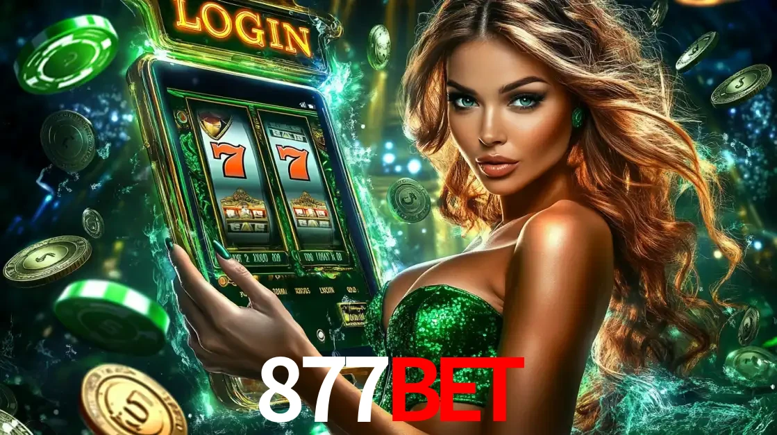 Mulher com tema verde apresentando o aplicativo do cassino 877BET com um jogo de slot de 777, cercada por fichas de cassino e uma aura de sorte.