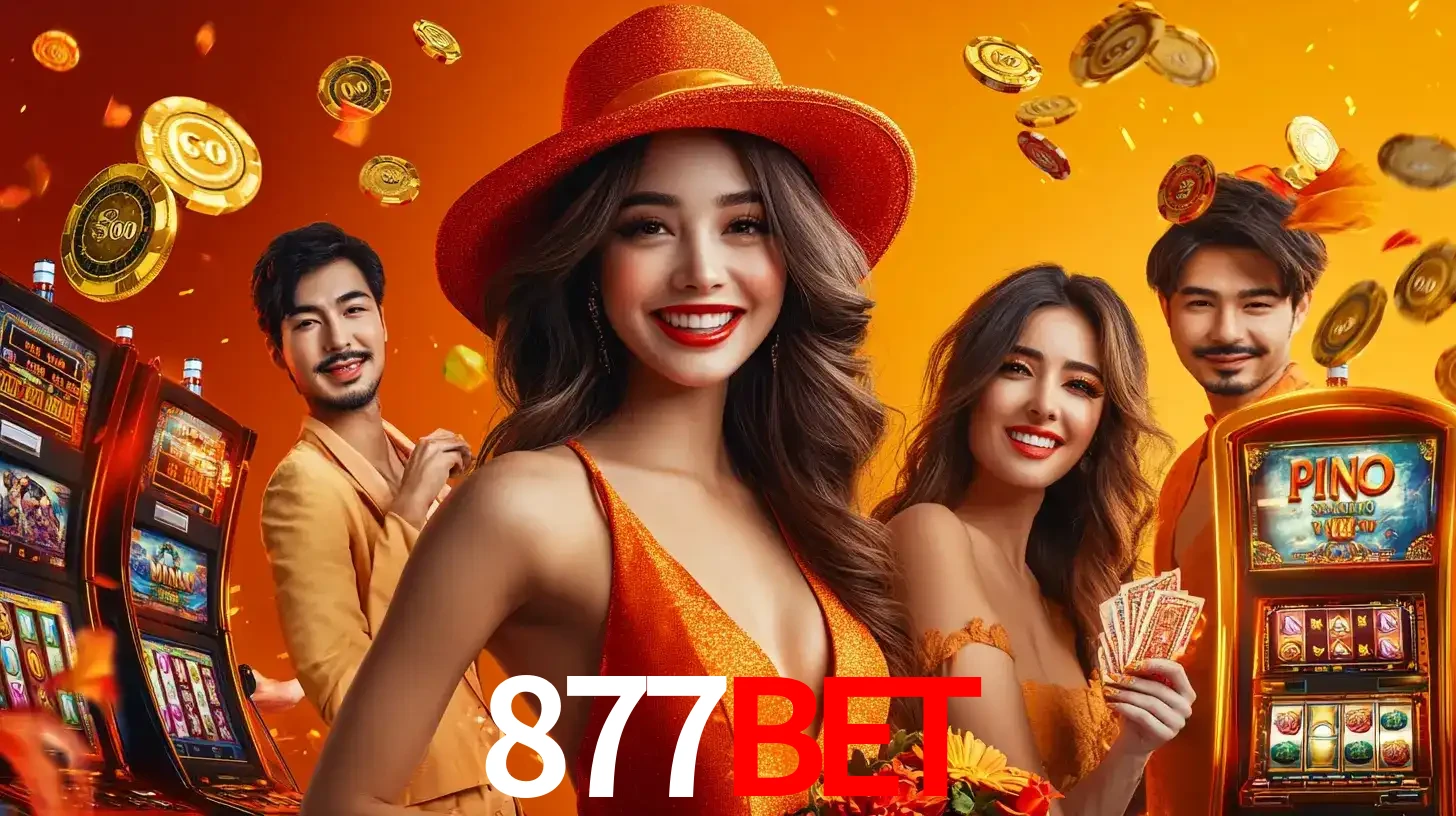 Grupo de amigos asiáticos sorrindo e se divertindo com máquinas de caça-níqueis em um ambiente festivo, celebrando suas vitórias nos jogos de cassino do 877BET.