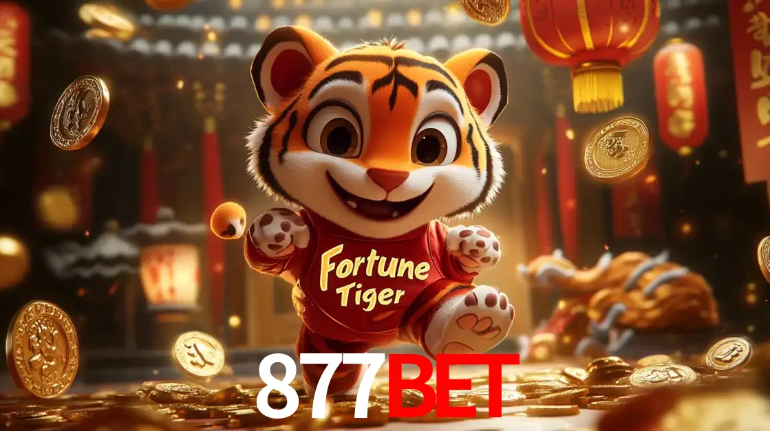 O alegre personagem do Fortune Tiger correndo sobre um caminho de moedas de ouro, simbolizando os grandes prêmios e a diversão do popular jogo de slot do 877BET.