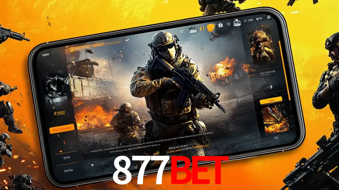 Um smartphone exibindo a interface de um jogo de tiro em primeira pessoa, com um soldado em um cenário de batalha, representando a ação dos e-sports para apostar no 877BET.