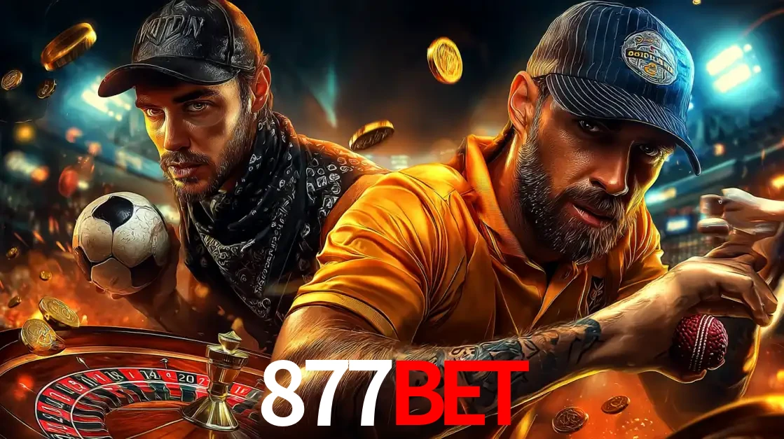 Montagem de apostas esportivas e cassino no 877BET, com um homem segurando uma bola de futebol e outro uma de beisebol sobre uma roleta e moedas voadoras.