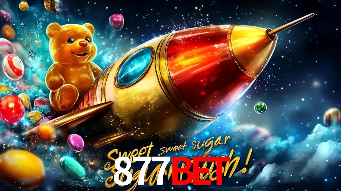 Arte promocional do jogo de slot Sugar Rush, com um urso de pelúcia em um foguete viajando pelo espaço de doces, um dos jogos divertidos disponíveis no cassino 877BET.
