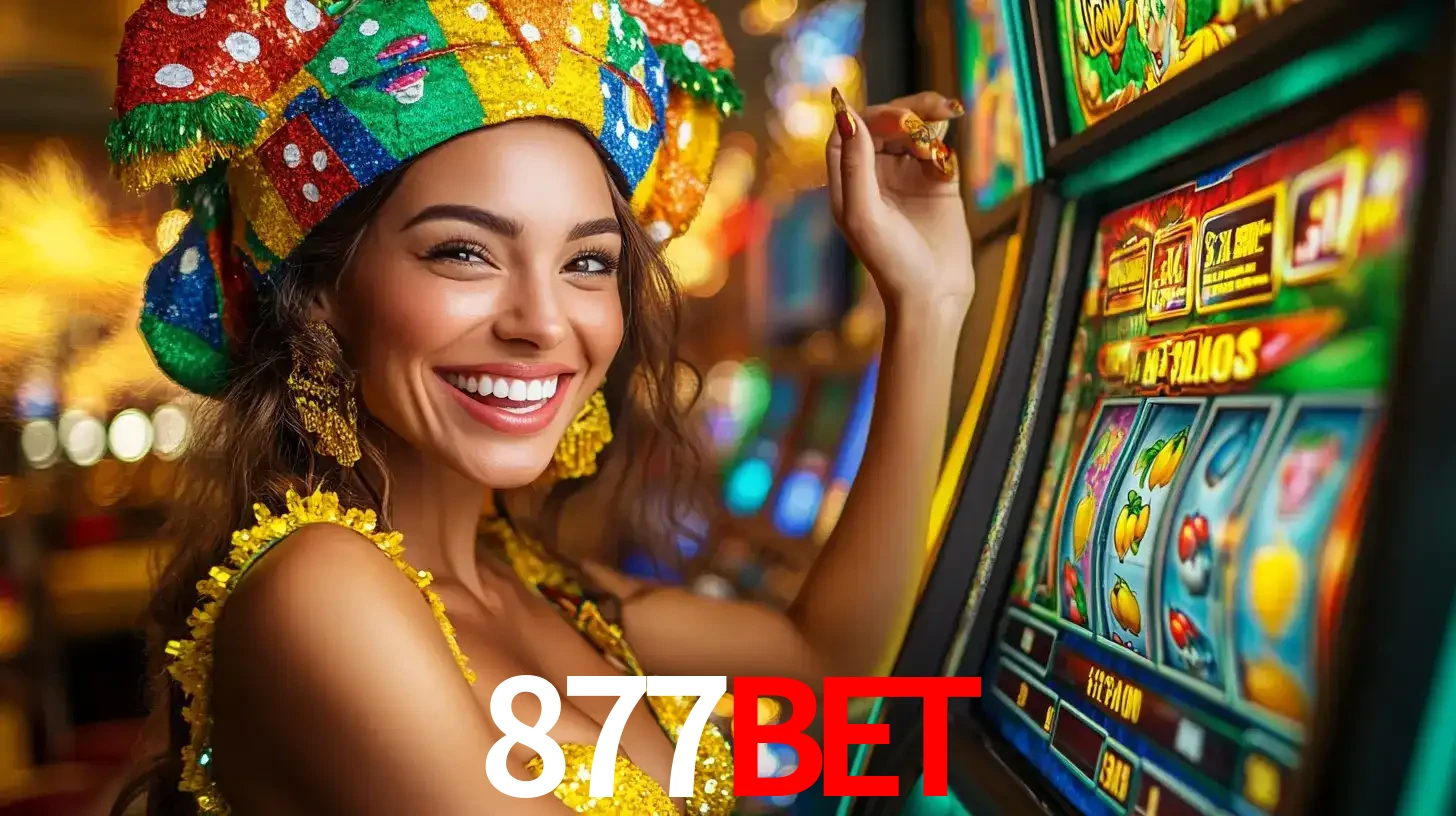 Mulher feliz com traje de carnaval amarelo e colorido ao lado de uma máquina de caça-níqueis, aproveitando a diversão e os jogos temáticos do cassino 877BET.