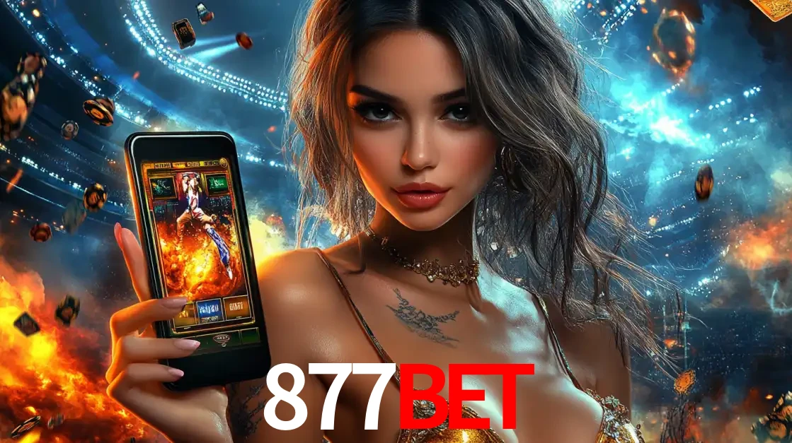 Mulher segurando um celular com um jogo de slot em destaque, tendo como fundo um estádio vibrante, simbolizando a emoção de jogar no cassino móvel 877BET.