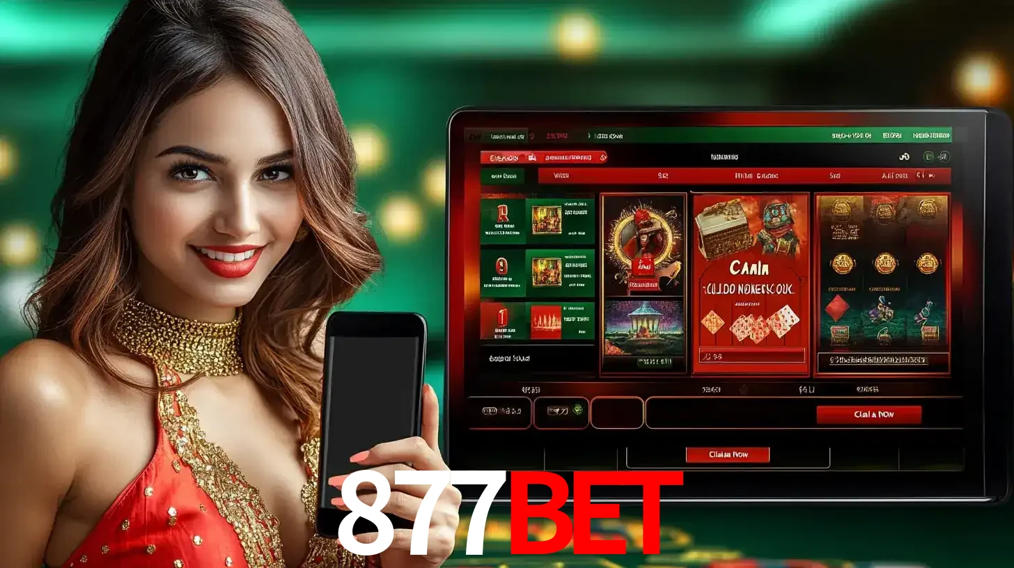 Mulher sorridente segurando um smartphone, ao lado de uma tela exibindo o lobby de jogos do cassino online 877BET, com várias opções de jogos de cartas e slots.